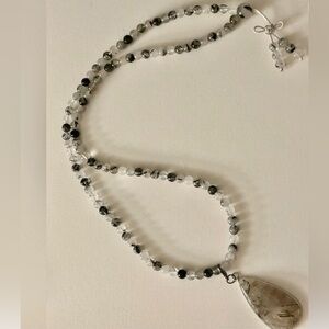 NWOT Necklace Tourmalinated Quartz stone beads & teardrop .925 Sterling sp